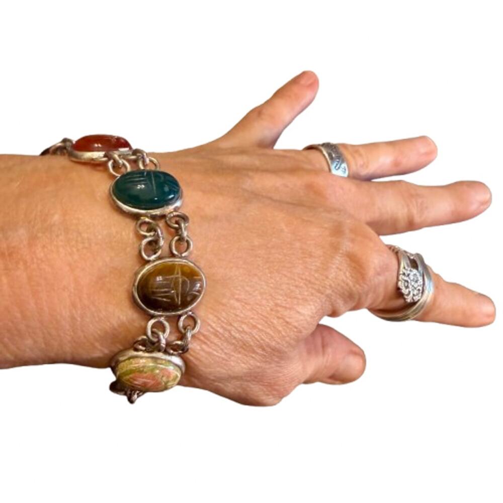 Vintage Gemstone Sterling Silver Egyptian Scarab Bracelet - Picture 8 of 9